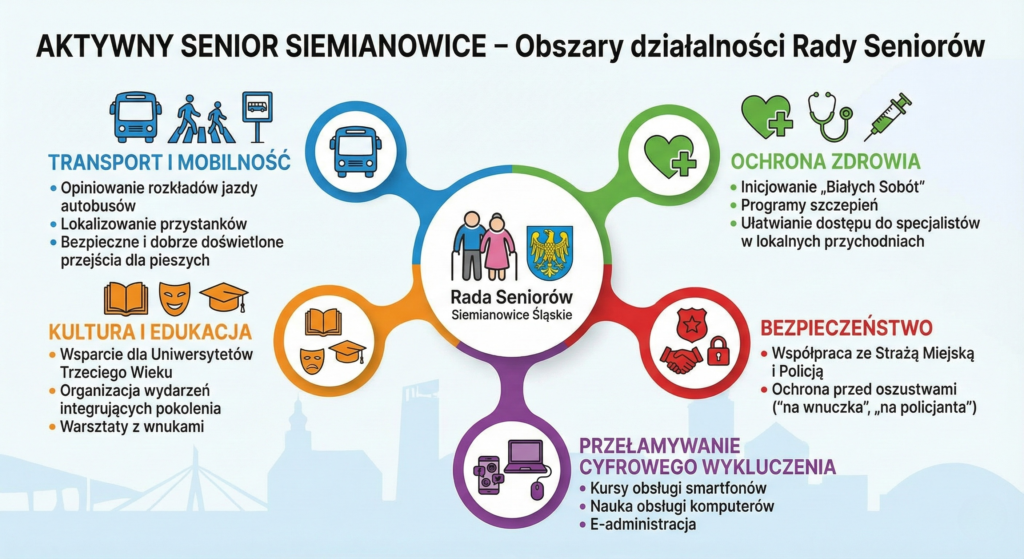 Rada Seniorów Siemianowice Śląskie: Twój Głos Ma Moc! Zostań Radnym i Zmieniaj Miasto 4 Infografika pokazująca obszary działań Rady Seniorów w Siemianowicach: zdrowie, bezpieczeństwo, transport, kultura, edukacja i kompetencje cyfrowe.