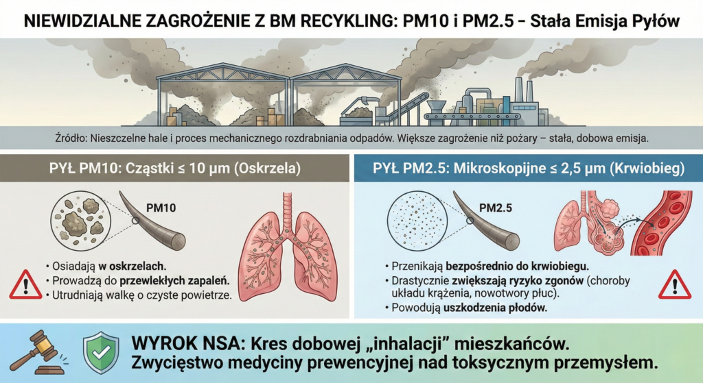 BM Recykling Siemianowice: Finał batalii o czyste powietrze. Wyrok NSA i sukces mieszkańców! 5 Infografika pokazująca emisję pyłów PM10 i PM2.5 z zakładu BM Recykling oraz ich wpływ na płuca i układ krążenia.