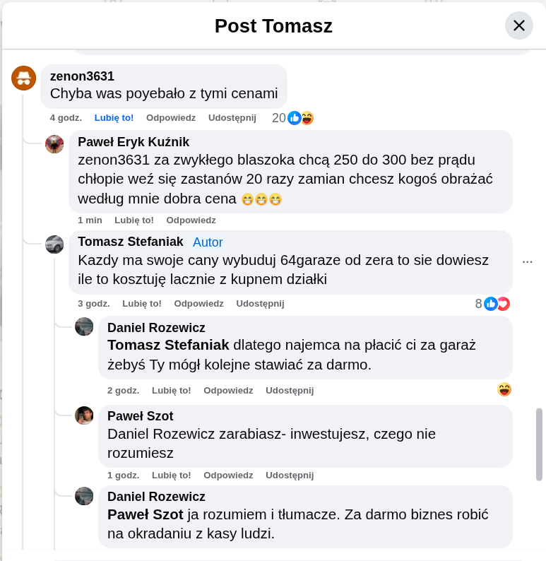 850 zł za Garaże w Siemianowicach Śląskich to nowe "realia"? 6 Zrzut ekranu emocjonalnej dyskusji na Facebooku dotyczącej wysokich cen wynajmu garaży w Siemianowicach Śląskich.