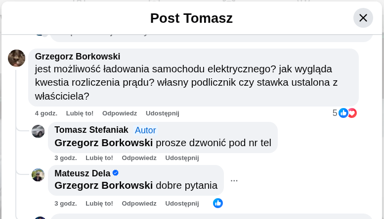 850 zł za Garaże w Siemianowicach Śląskich to nowe "realia"? 5 Zrzut ekranu komentarzy na Facebooku z pytaniem o dostęp do prądu i możliwość ładowania samochodu elektrycznego w garażu.