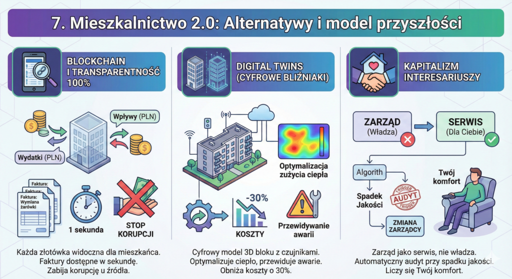 7 szokujących faktów o spółdzielniach mieszkaniowych w Siemianowicach: Jak zatrzymać niewydolność systemu? 6 Infografika pokazująca model Mieszkalnictwa 2.0: blockchain, cyfrowe bliźniaki i zarządzanie jako serwis dla mieszkańców
