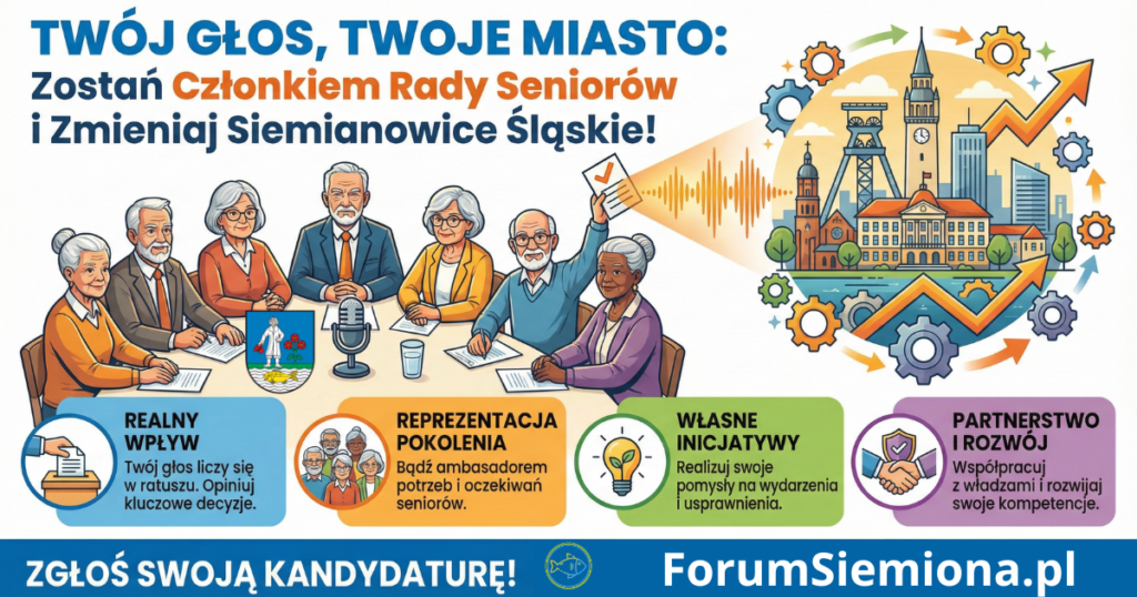 Rada Seniorów Siemianowice Śląskie: Twój Głos Ma Moc! Zostań Radnym i Zmieniaj Miasto 3 Rada Seniorów Siemianowice Śląskie Ilustracja zachęcająca seniorów do udziału w Radzie Seniorów Siemianowice Śląskie i aktywnego wpływu na rozwój miasta.