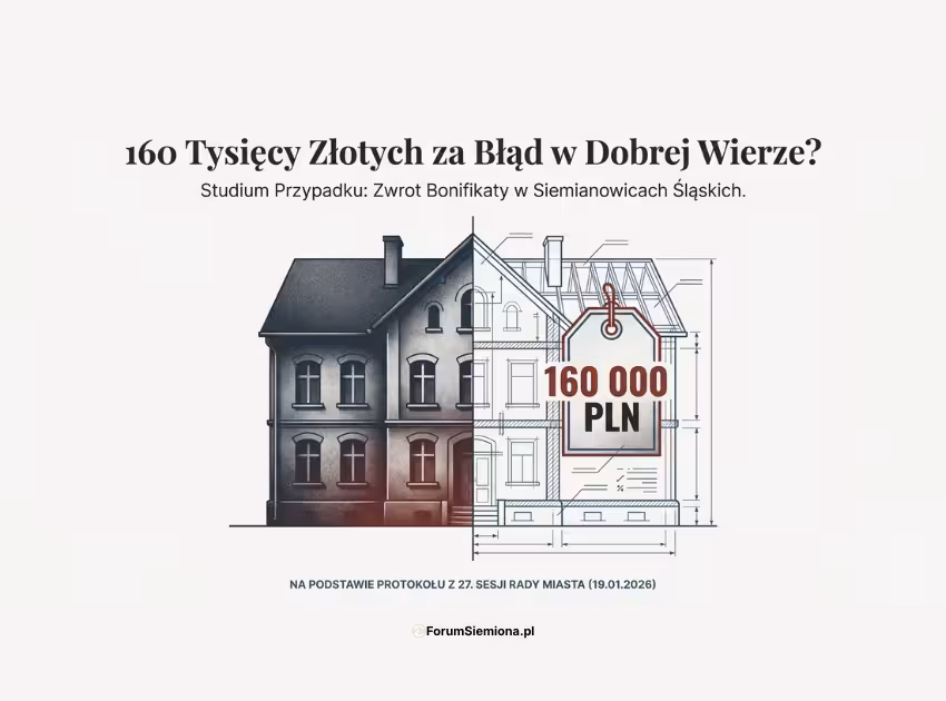 Zwrot bonifikaty w Siemianowicach: Czy 160 tysięcy długu to sprawiedliwość? 2 Zwrot bonifikaty w Siemianowicach – ilustracja kamienicy z oznaczeniem 160 000 zł, pokazująca finansowe skutki obowiązku zwrotu bonifikaty mieszkaniowej.