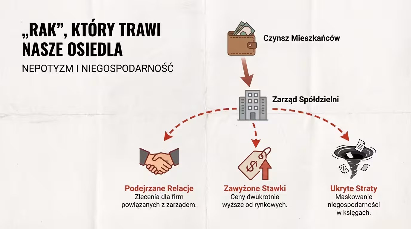 Infografika pokazująca nepotyzm i niegospodarność w spółdzielni mieszkaniowej oraz przepływ pieniędzy z czynszu.