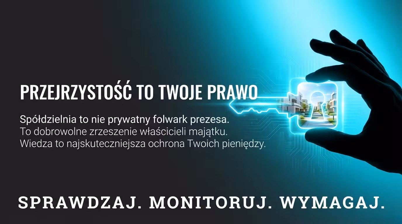 Grafika z hasłem o przejrzystości w spółdzielni mieszkaniowej i prawie mieszkańców do kontroli umów.