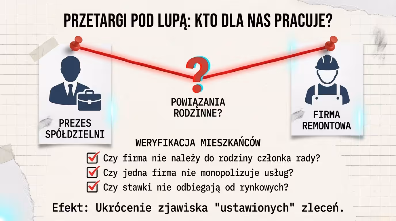 Grafika o jawnych umowach w spółdzielniach mieszkaniowych, pokazująca powiązania między prezesem a firmą remontową.