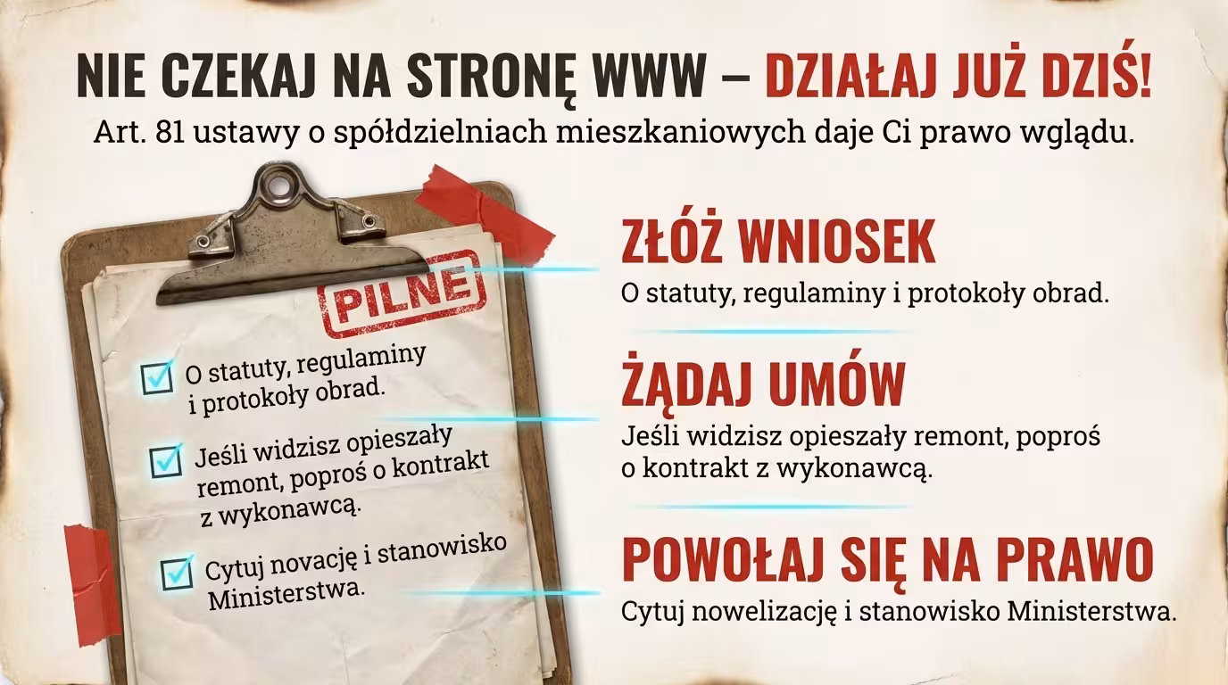 Grafika zachęcająca do składania wniosku o jawne umowy w spółdzielni mieszkaniowej na podstawie art. 81 ustawy.