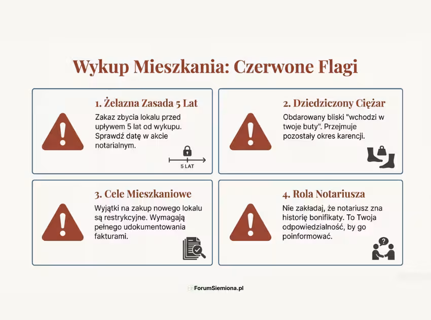 Zwrot bonifikaty w Siemianowicach – infografika z czerwonymi flagami przy wykupie mieszkania komunalnego i ryzykiem zwrotu bonifikaty.