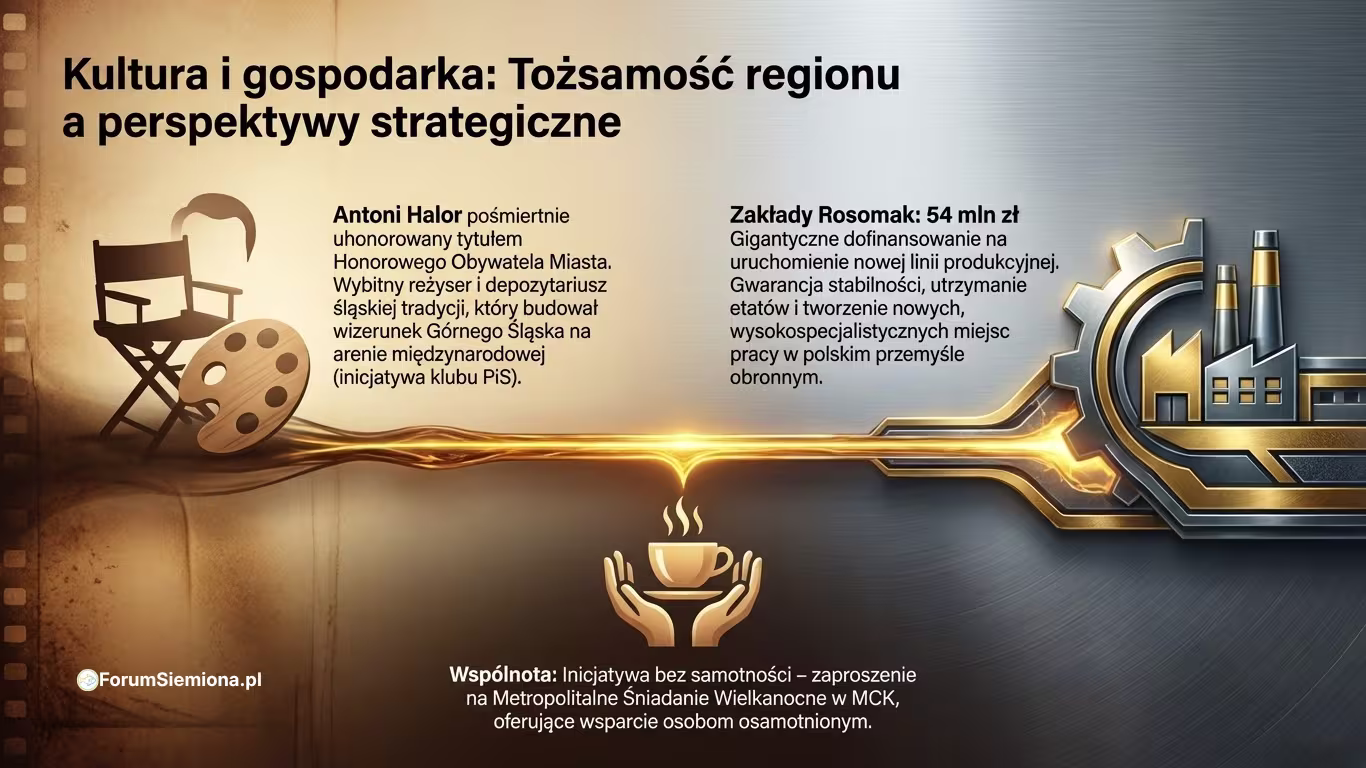 Infografika z 29 sesji Rady Miasta Siemianowice o kulturze, gospodarce i lokalnych inicjatywach społecznych.