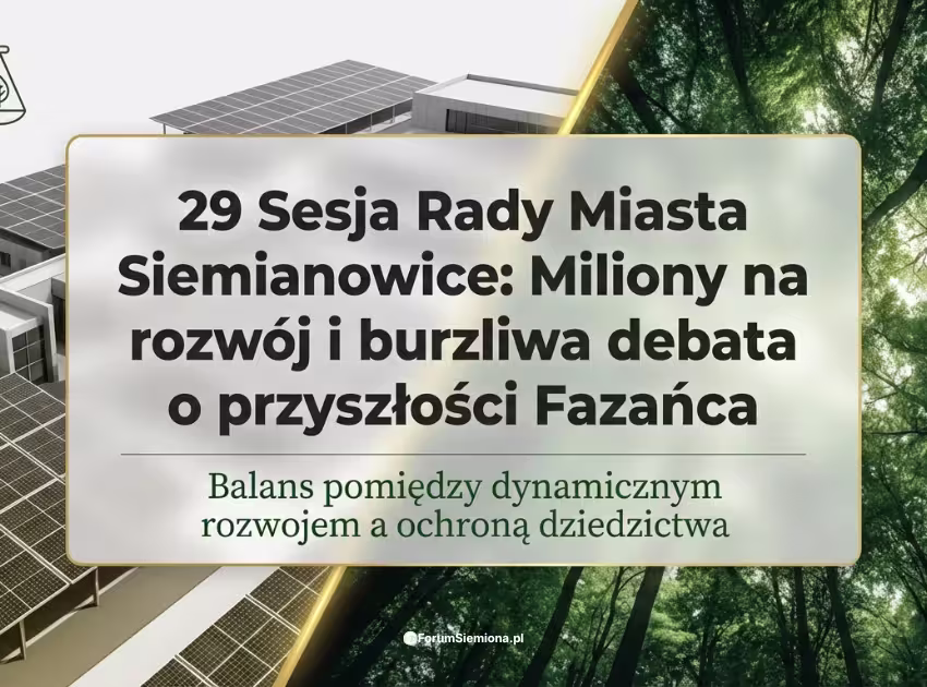 Grafika 29 sesja Rady Miasta Siemianowice z motywem rozwoju miasta i ochrony terenów zielonych Fazańca
