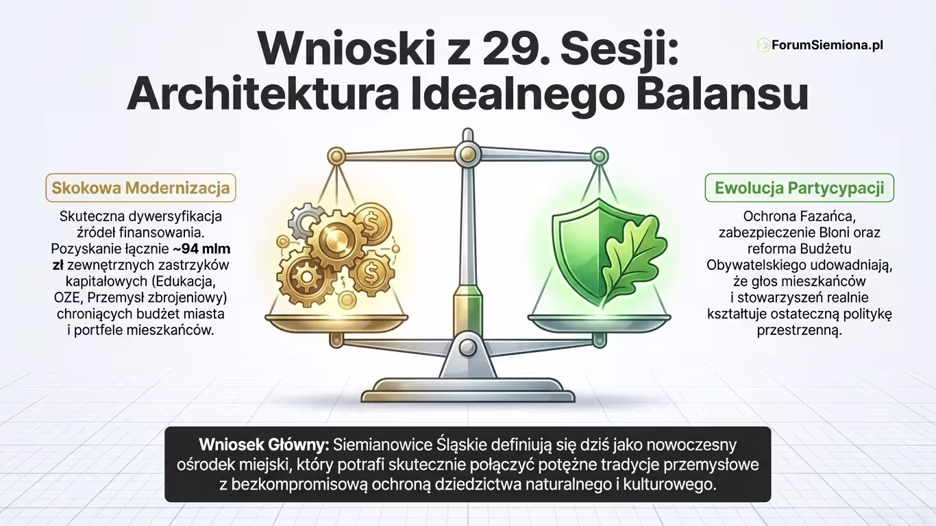 Infografika podsumowująca 29 sesję Rady Miasta Siemianowice jako próbę równowagi między rozwojem a ochroną środowiska.