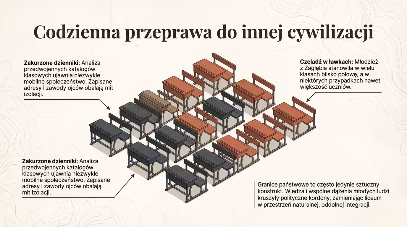 Infografika z rzędami szkolnych ławek pokazuje uczniów z Czeladzi w siemianowickim liceum po obu stronach dawnej granicy.
