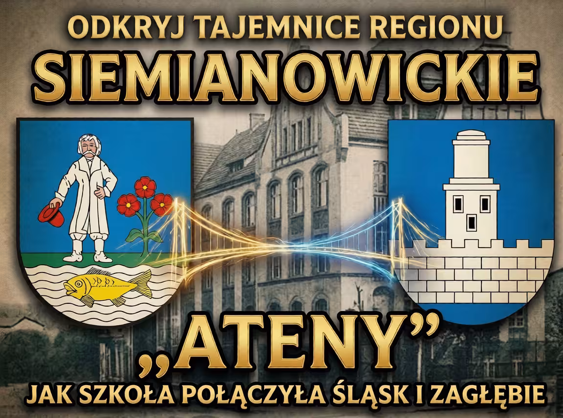Więcej niż granica: Jak siemianowickie „Ateny” stały się pomostem między Śląskiem a Zagłębiem 1 Okładka artykułu „Siemianowickie Ateny” z herbami Siemianowic i Czeladzi połączonymi świetlnym mostem.