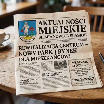 aktualnosci-miejskie-siemianowice-slaskie-forum-siemiona Stylizowana gazeta „Aktualności Miejskie” z wiadomościami o rewitalizacji centrum i zaproszeniem do dyskusji mieszkańców.