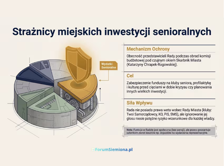 Infografika Rada Seniorów Siemianowice pokazująca ochronę wydatków senioralnych i wpływ rady na budżet miasta.
