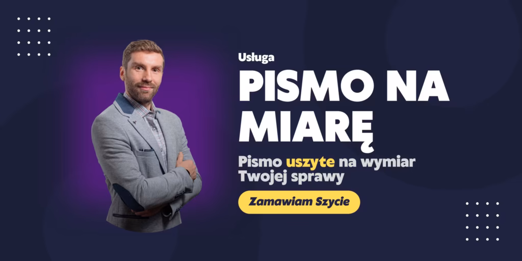 Szymon Michalik na grafice promującej usługę tworzenia pism urzędowych i administracyjnych dopasowanych do sprawy.