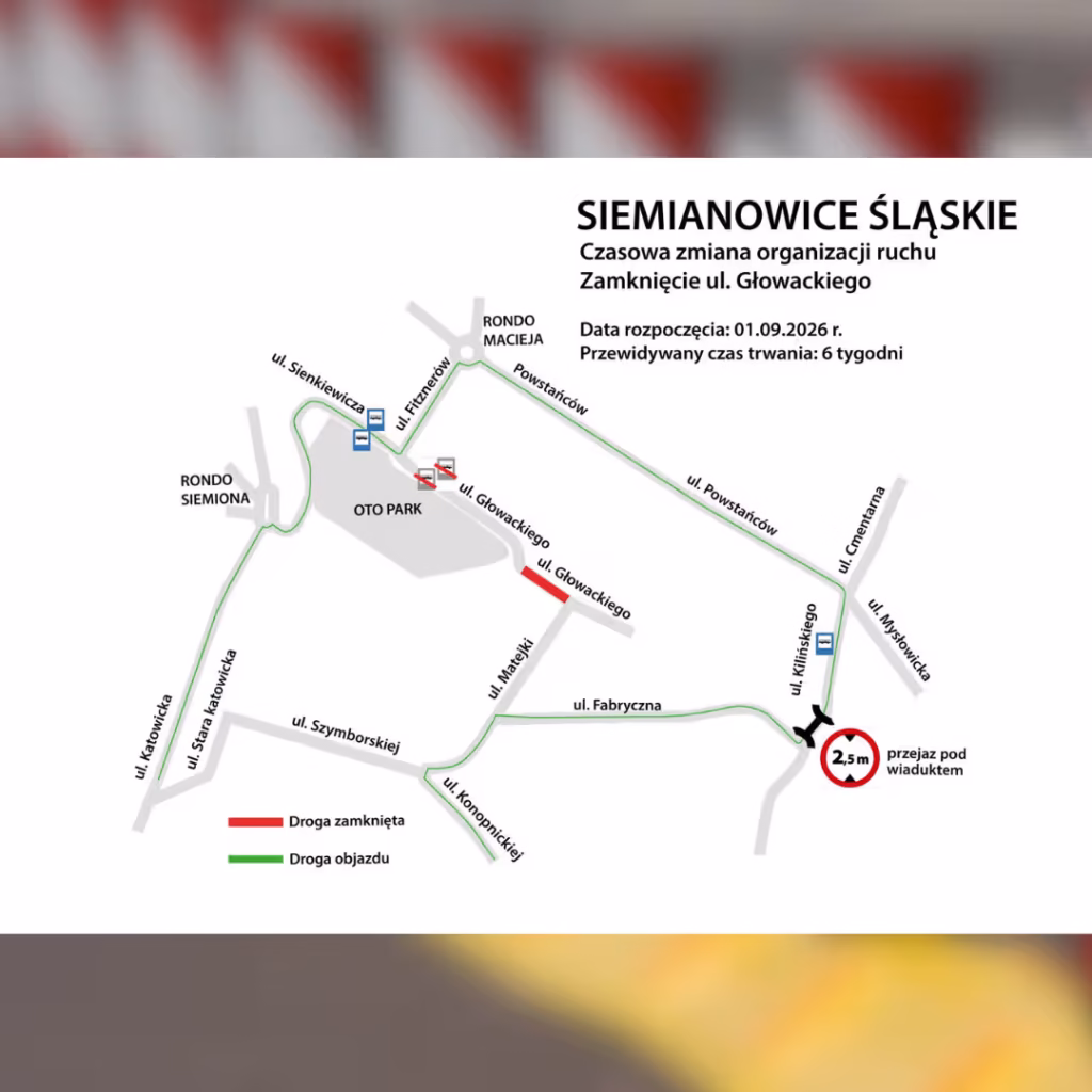 Zamknięcie ulicy Głowackiego w Siemianowicach. Objazdy i zmiana trasy linii 22 od 1 września 3 Zamknięcie ulicy Głowackiego w Siemianowicach – Mapa objazdów